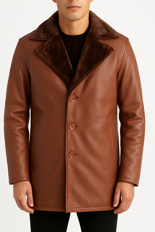 Men’s Cinnamon Brown Leather Fur Coat