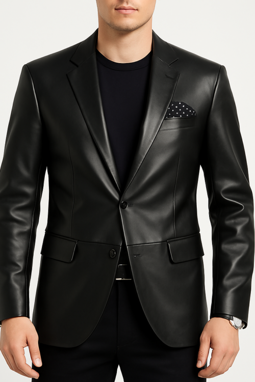 Men’s Classic Black Leather Blazer Formal Button Style