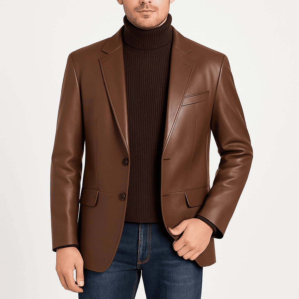 Men's classic brown genuine leather blazer