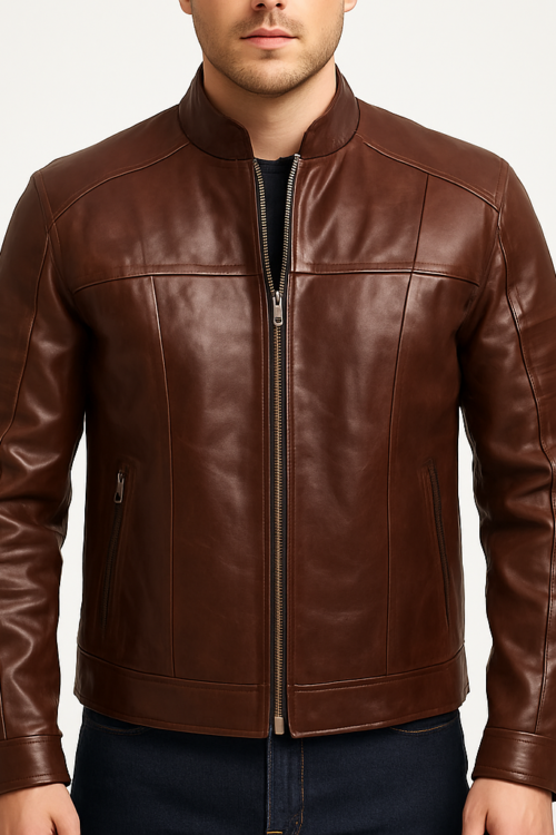 Men’s Dark Brown Genuine Leather Cafe Racer Jacket