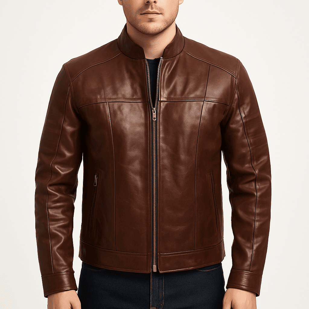 Men's dark brown genuine leather cafe racer jacket