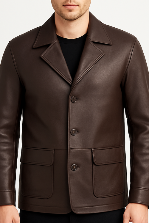Men’s Dark Brown Leather Blazer with Shirt Style Collar