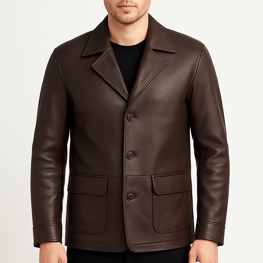 Men's dark brown leather blazer with shirt style collar