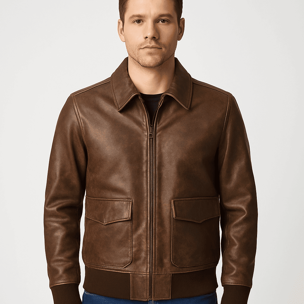 Men's distressed brown motorcycle jacket
