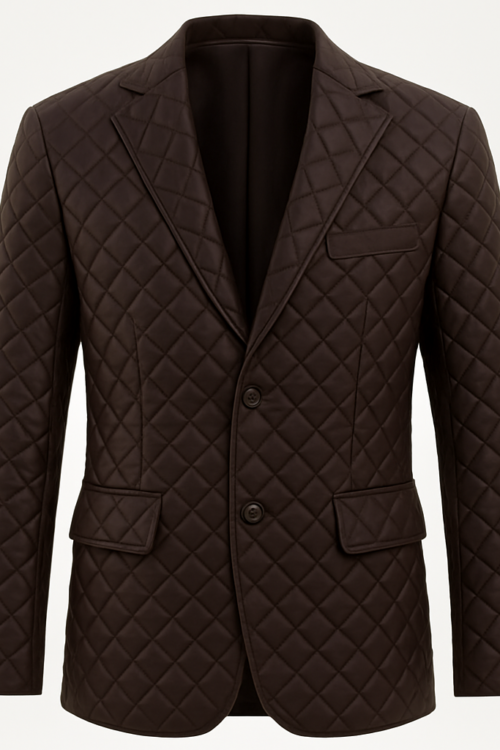 Men’s Elegant Brown Quilted Blazer with Two-Button Detail