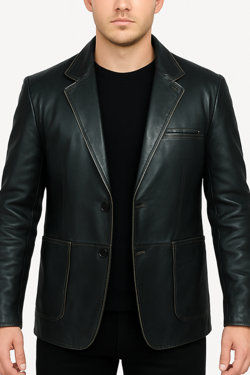 Men’s Formal Blazer Button Style Black Leather Jacket