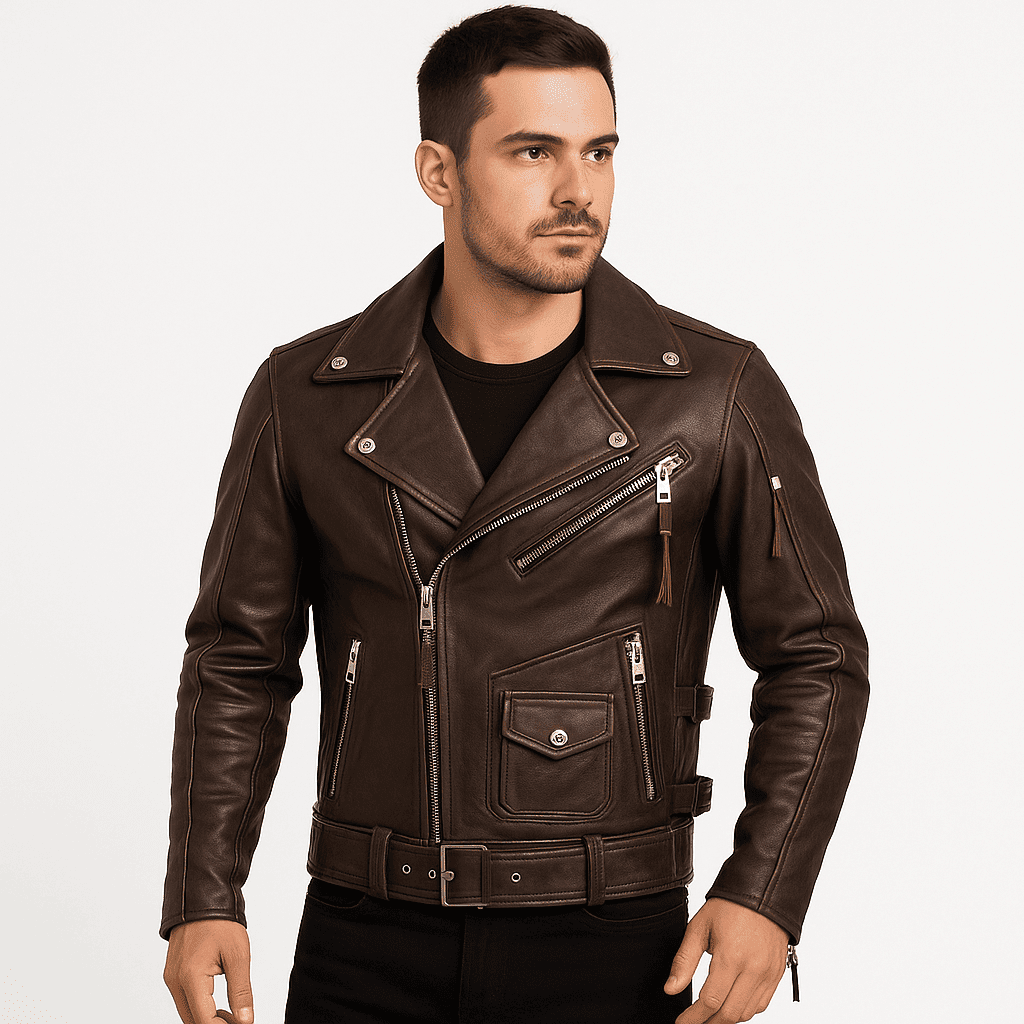 Men' genuine cowhide leather motorcycle jacket
