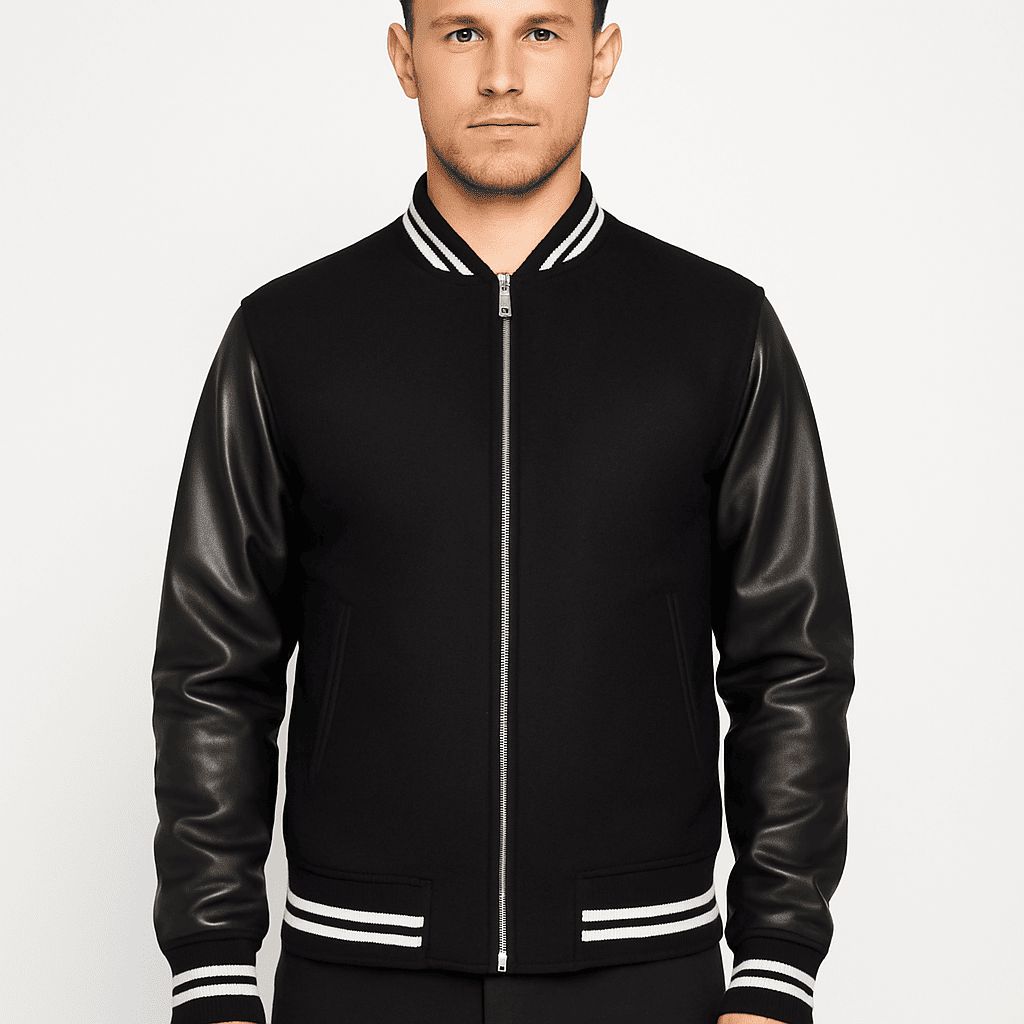 Men's Harrison Black Leather Varsity Jacket in black