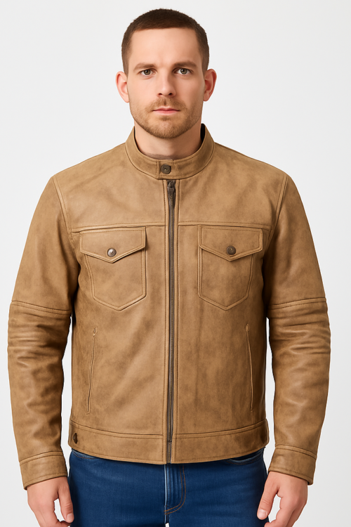 Men’s Khaki Distressed Cafe Racer Vintage Leather Biker Jacket