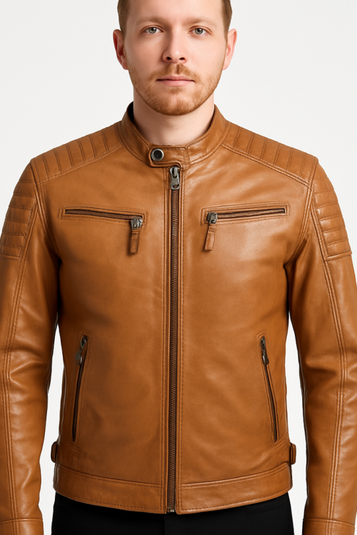Men’s Padded Tan Genuine Leather Biker Jacket