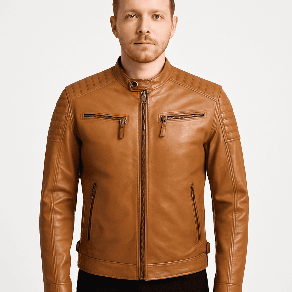 Men's padded tan genuine leather biker jacket