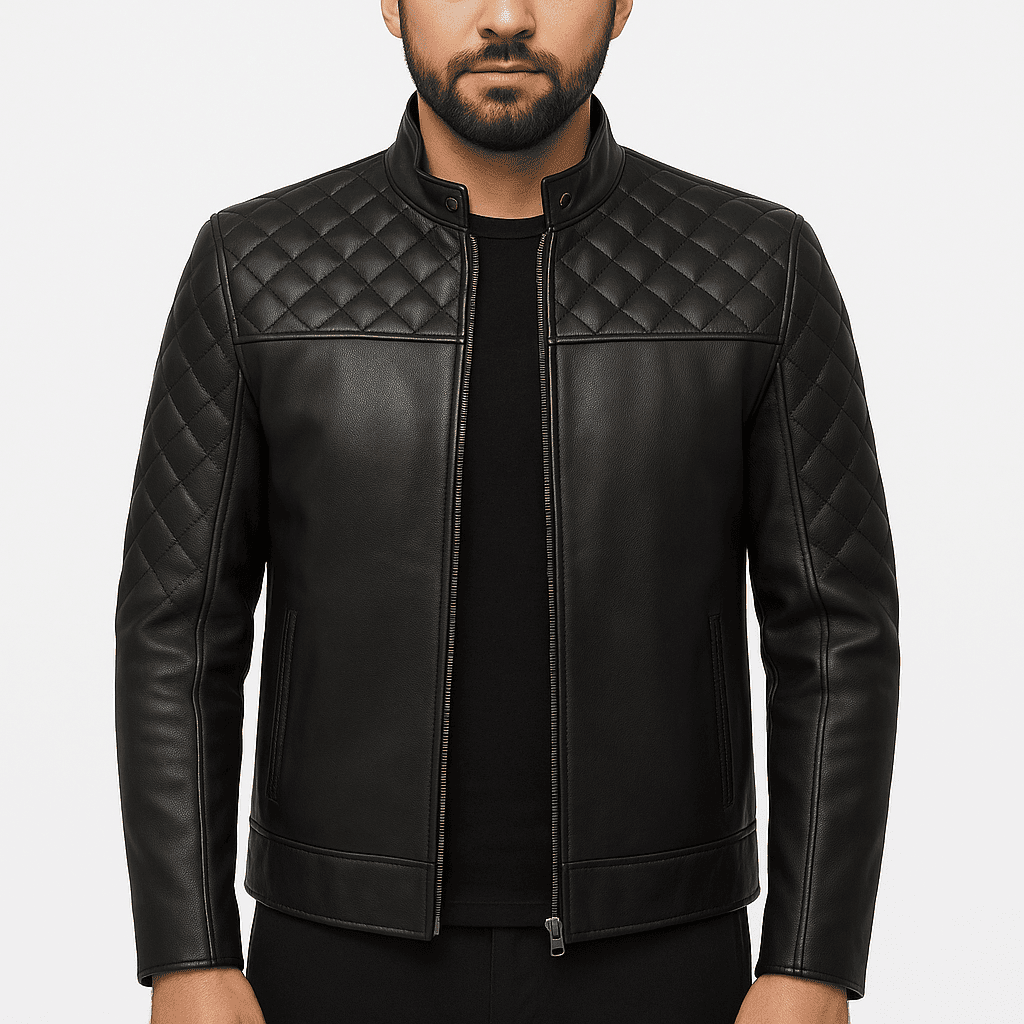 Men's quilted black leather jacket