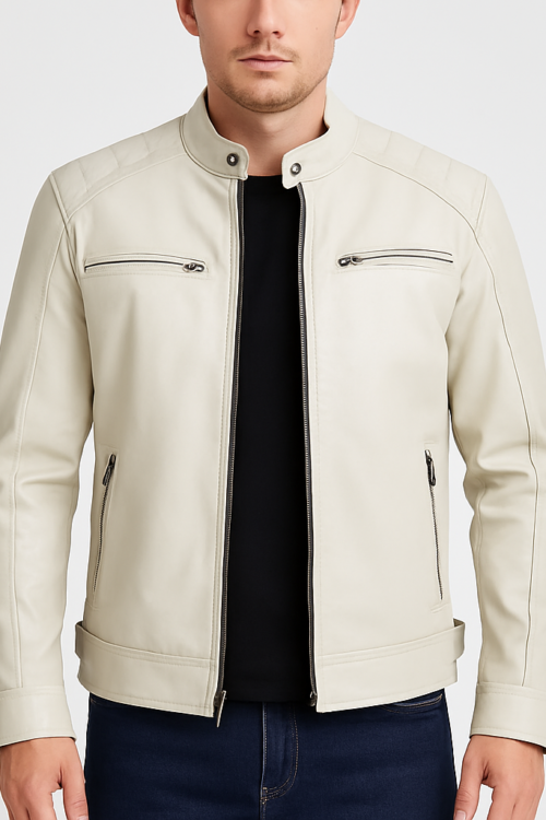 Men’s Quilted Shoulder Off White Cafe Racer Leather Jacket