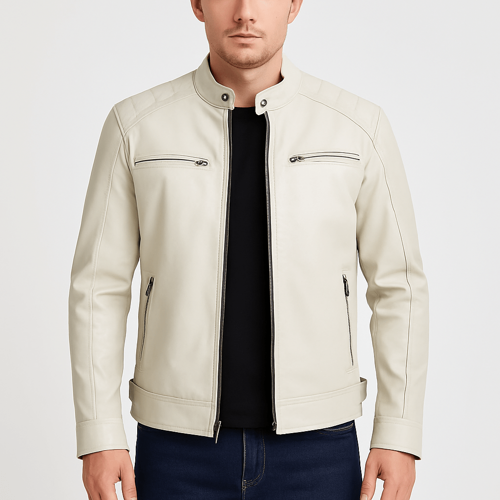 Men's off white cafe racer leather jacket with quilted shoulder detail