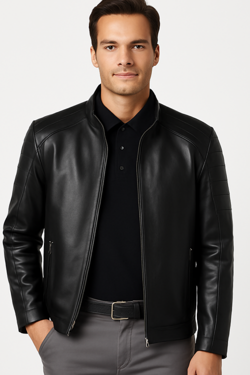 Men’s Real Black Leather Biker Style Jacket in Black