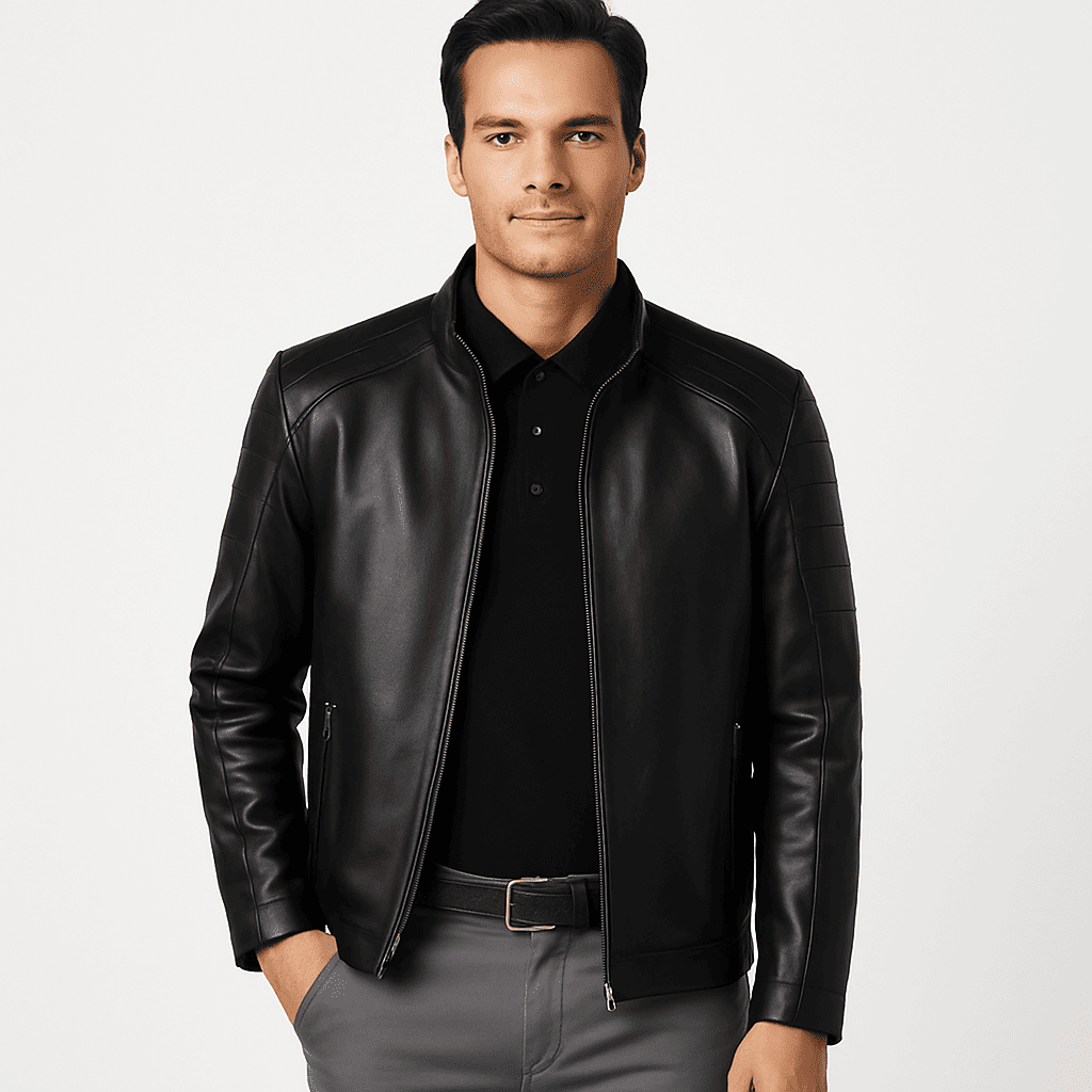 Men's real black leather biker style jacket