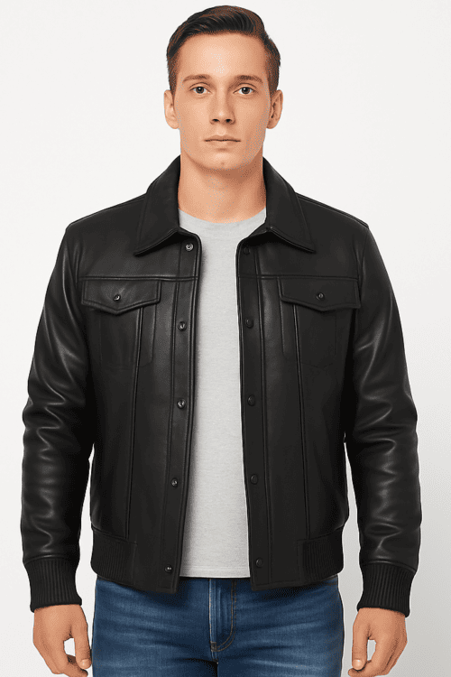 Men’s Real Black Leather Bomber Jacket in Black