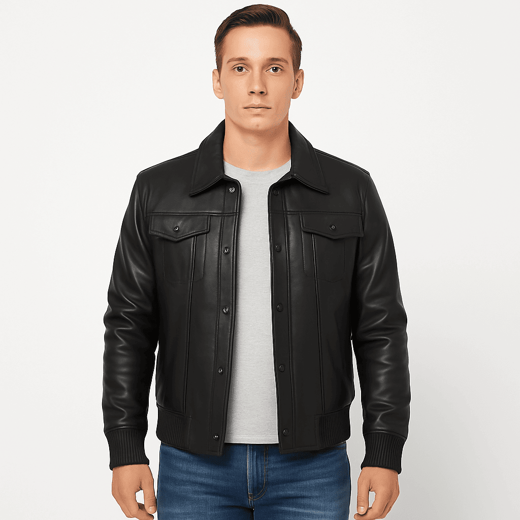 Men's real black leather bomber jacket in black