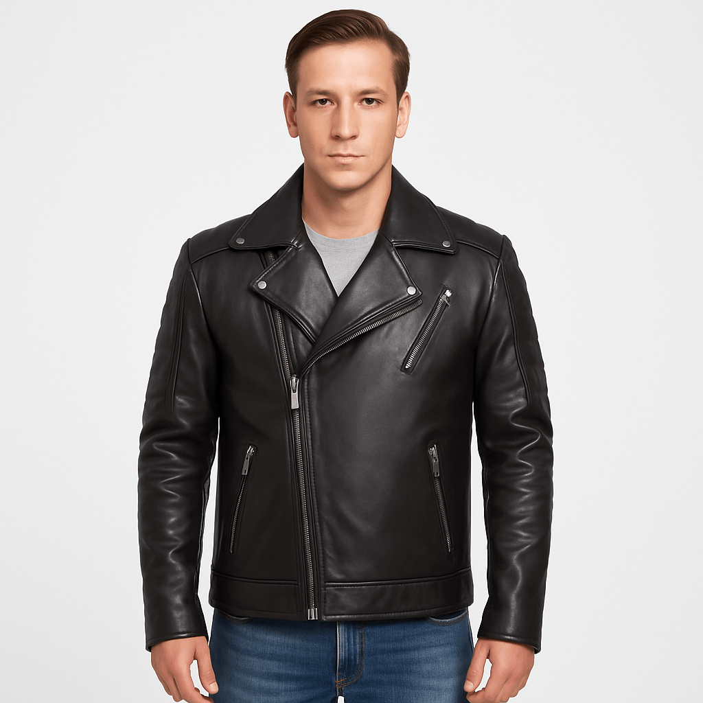 Men's real black leather motorcycle jacket in black