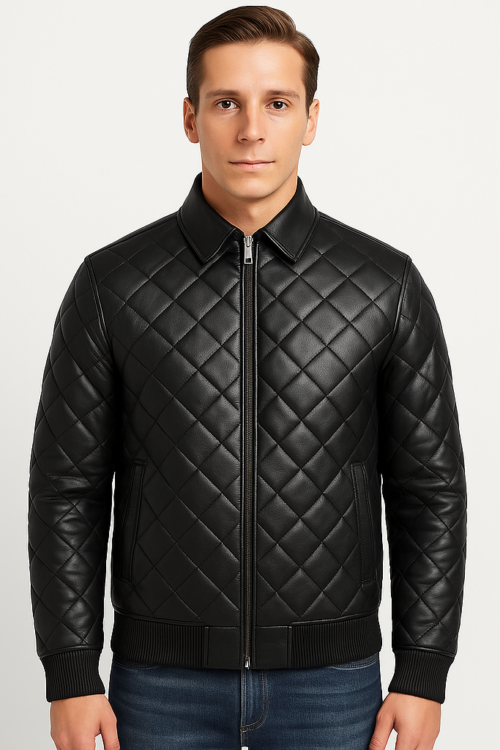 Men’s Real Black Leather Quilted Bomber Jacket in Black