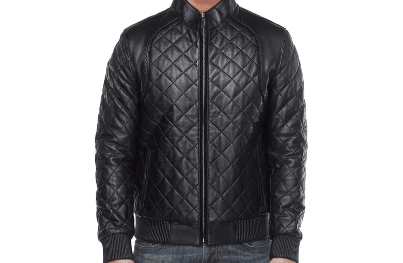 Men's Real Black Leather Quilted Bomber Jacket in Black - Image 2