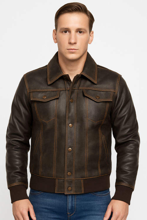 Men’s Real Brown Distressed Leather Bomber Jacket