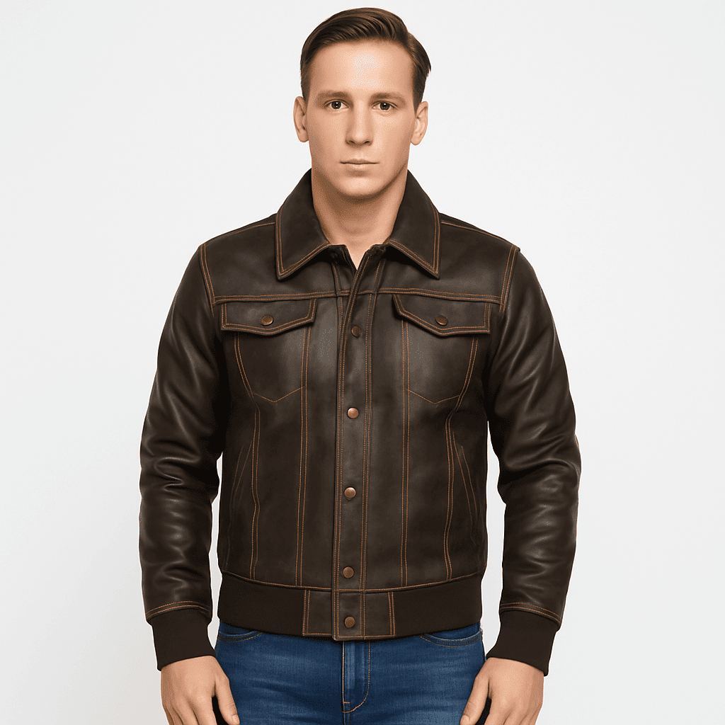 Men's real brown distressed leather bomber jacket