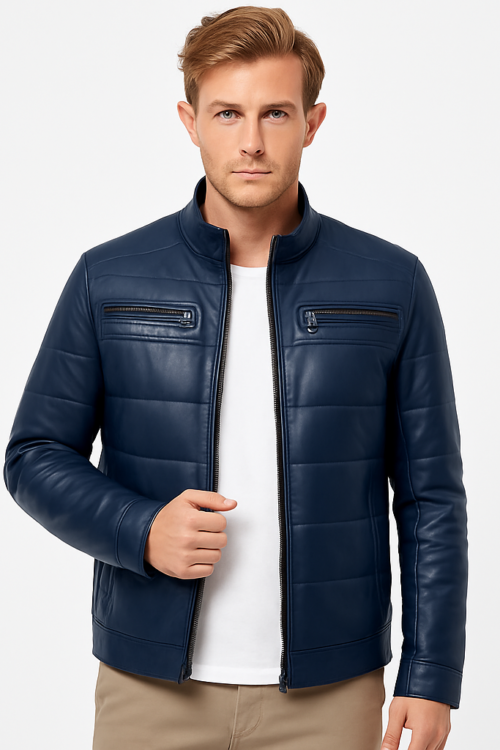 Men’s Real Navy Blue Leather Bomber Jacket