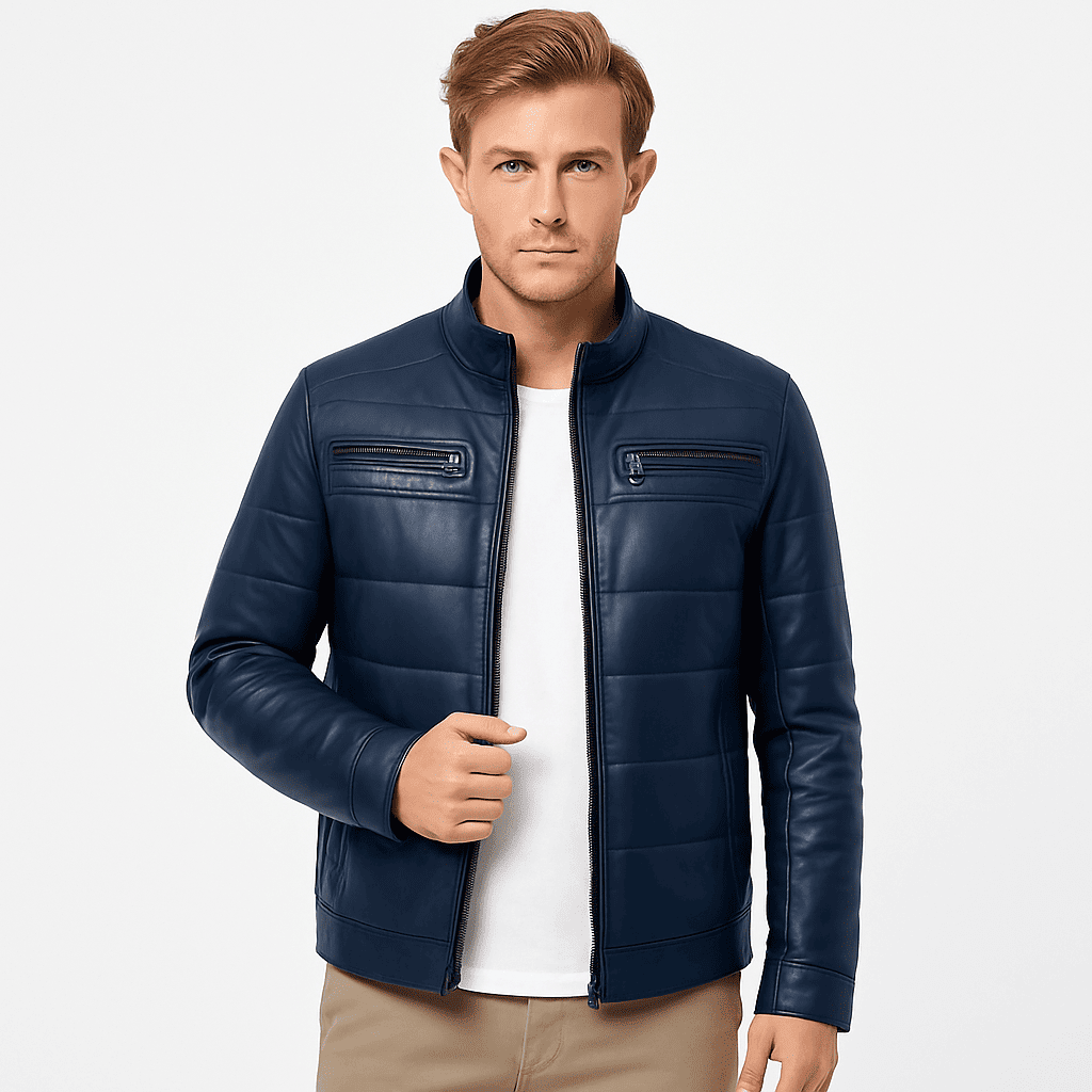 Men's real navy blue leather bomber fashion jacket