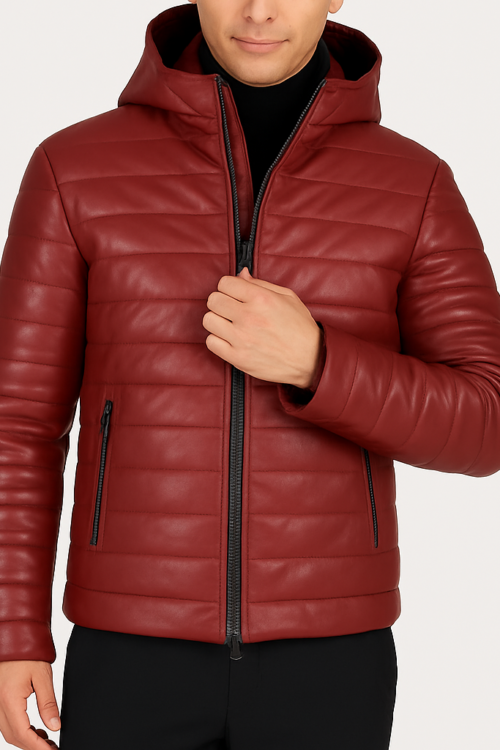 Men’s Red Puffer Hooded Leather Jacket