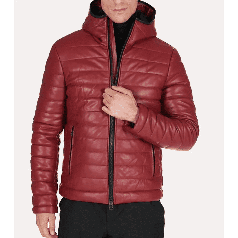 Men's Red Puffer Hooded Leather Jacket - Image 2