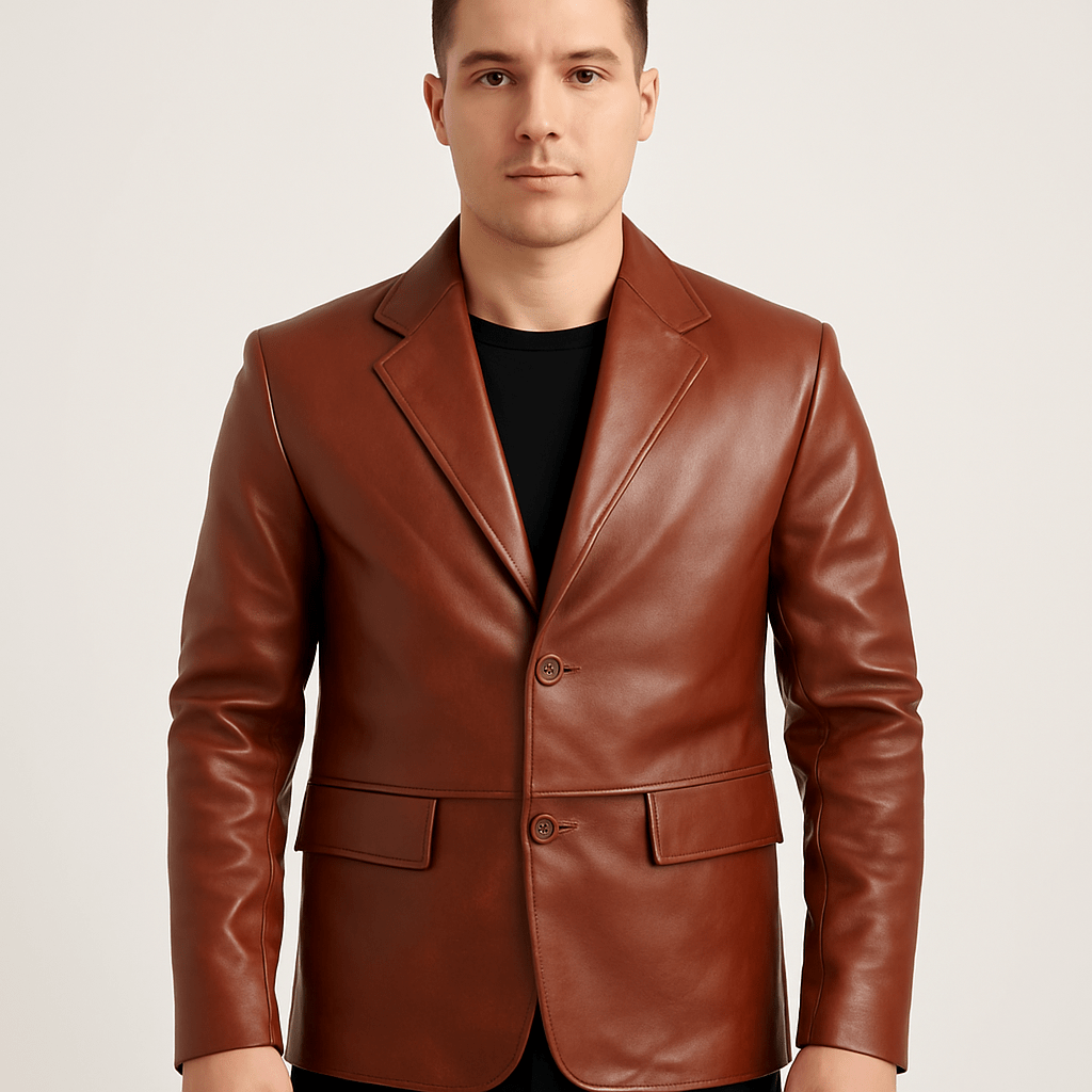 Men's slim fit brown genuine leather blazer