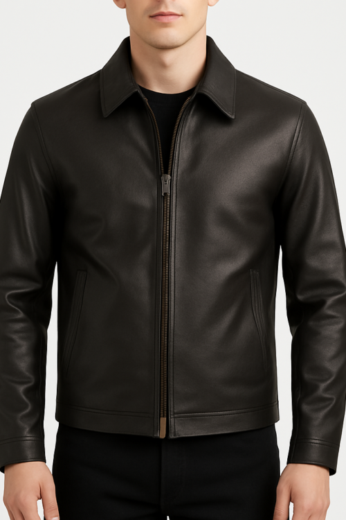 Men’s Turn-Down Collar Slimfit Black Leather Jacket
