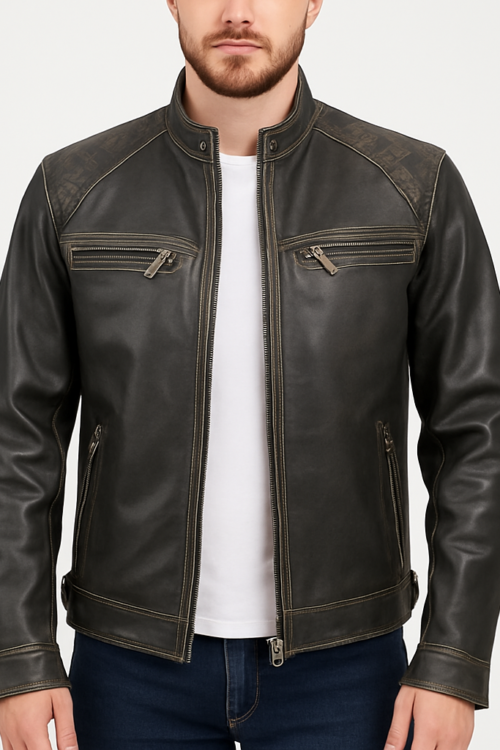 Men’s Vintage Quilted Shoulder Distressed Cafe Racer Leather Jacket