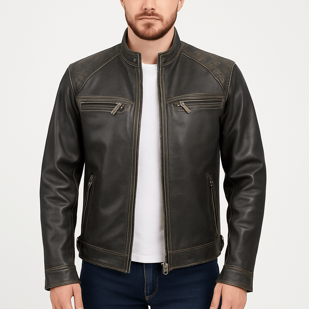 Men's vintage distressed cafe racer leather jacket with quilted shoulders