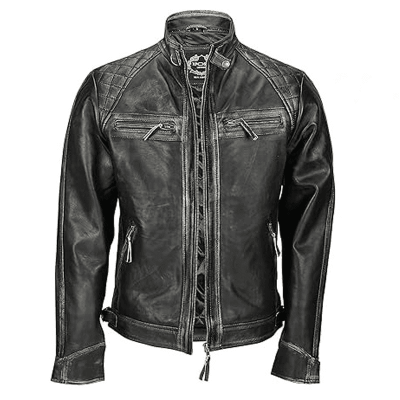 Men's Vintage Quilted Shoulder Distressed Cafe Racer Leather Jacket - Image 2