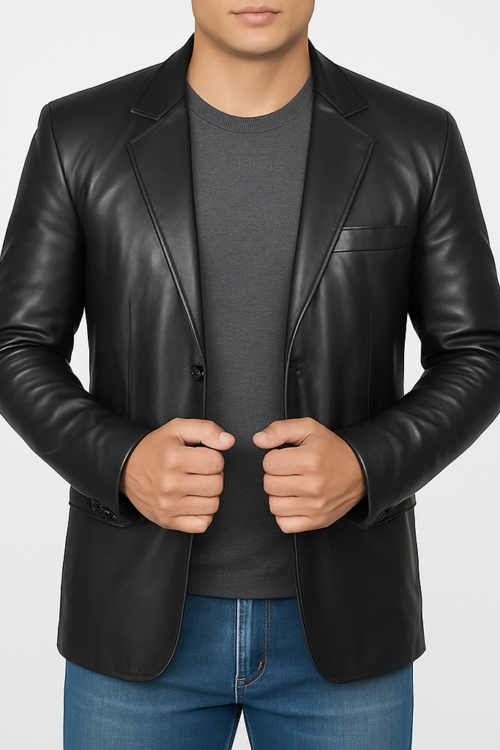 Men’s Vintage Style Black Leather Slim Fit Casual Blazer