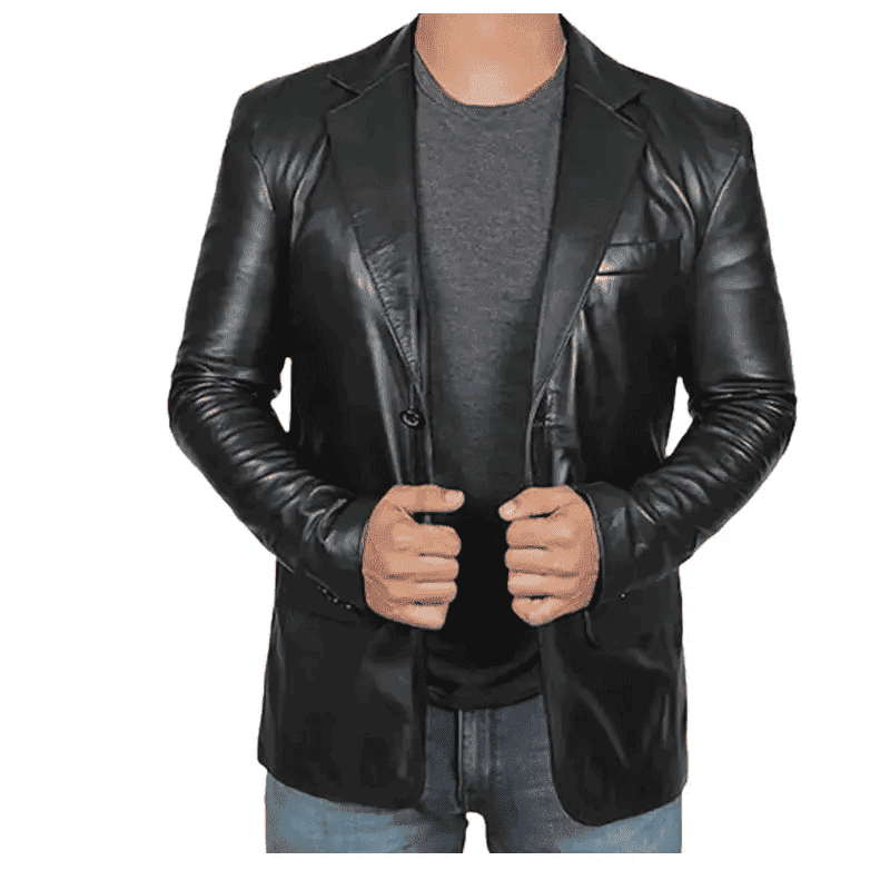 Men's Vintage Style Black Leather Slim Fit Casual Blazer - Image 2