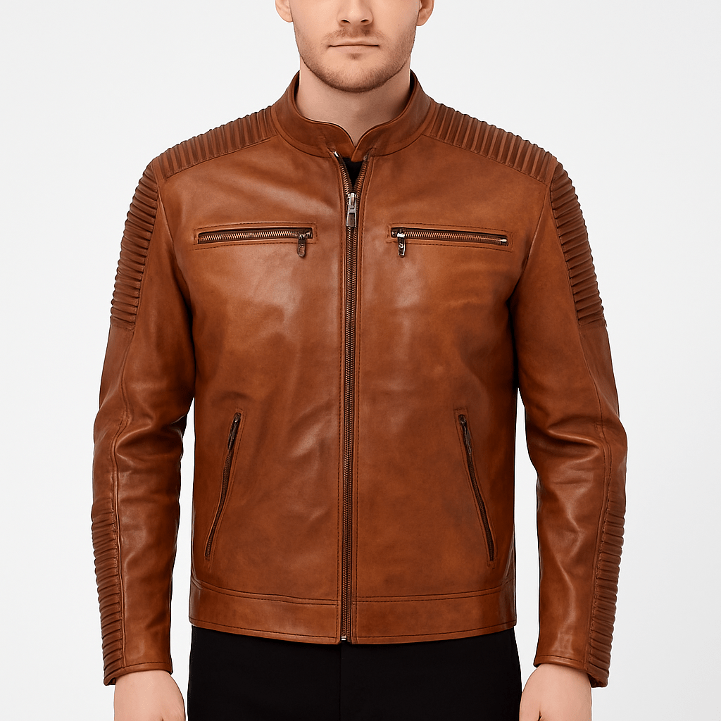 Men's waxed quilted distressed brown leather jacket
