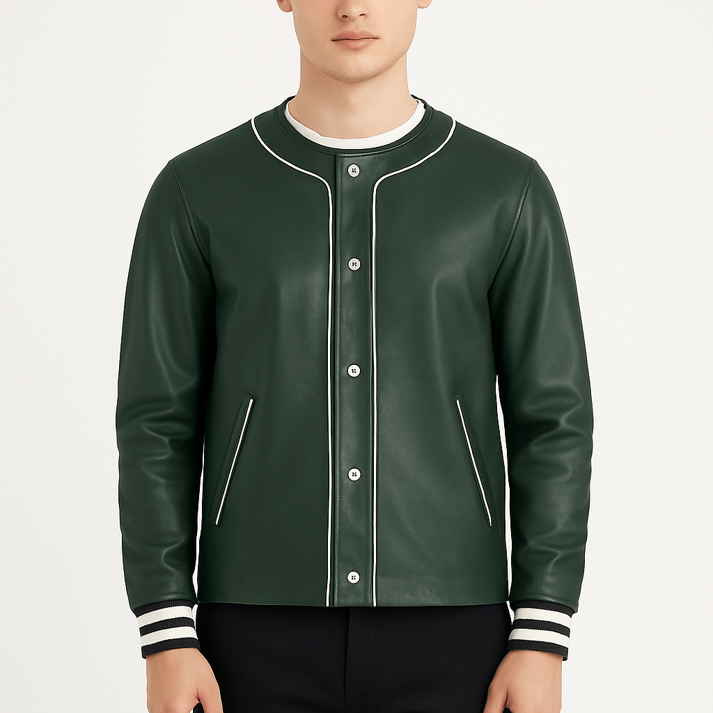 Men's Willis Green Leather Varsity Jacket full length product image