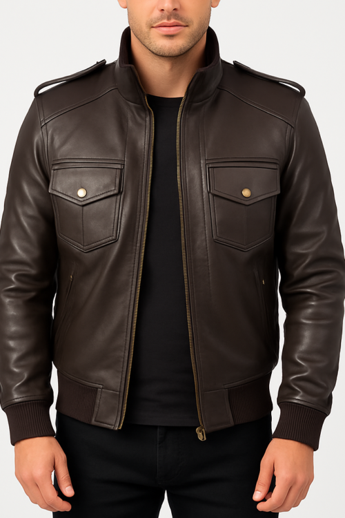 Agent Shadow Brown Leather Bomber Jacket