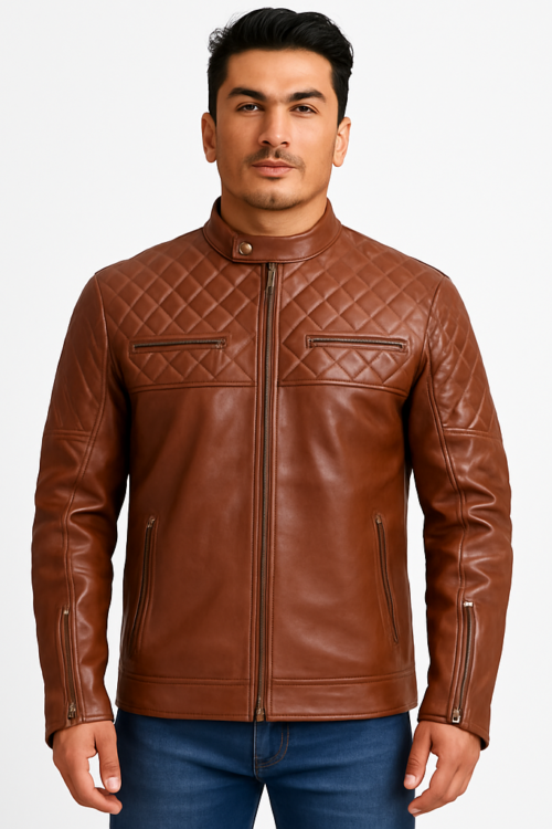 Orith Brown Quilted Biker Leather Jacket for Men