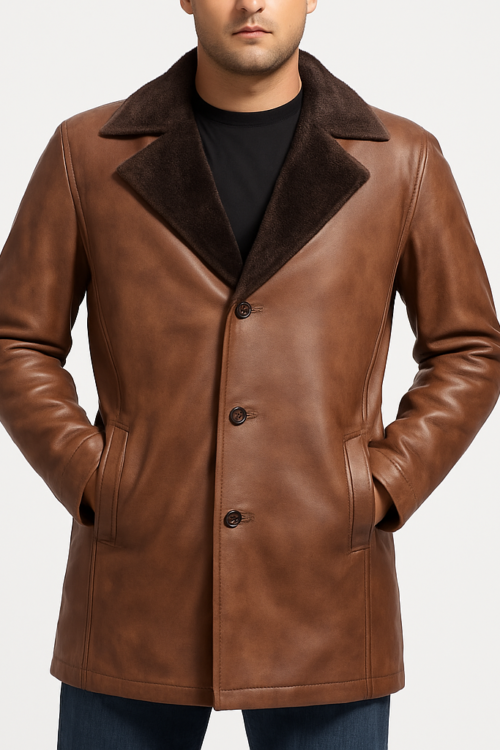 Cinnamon Distressed Leather Fur Coat For Men’s