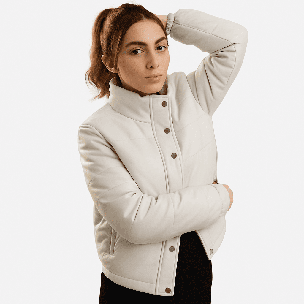 Quilted bomber women's genuine leather jacket with quilted finish, rib-knit collar, front zipper, and ribbed cuffs.