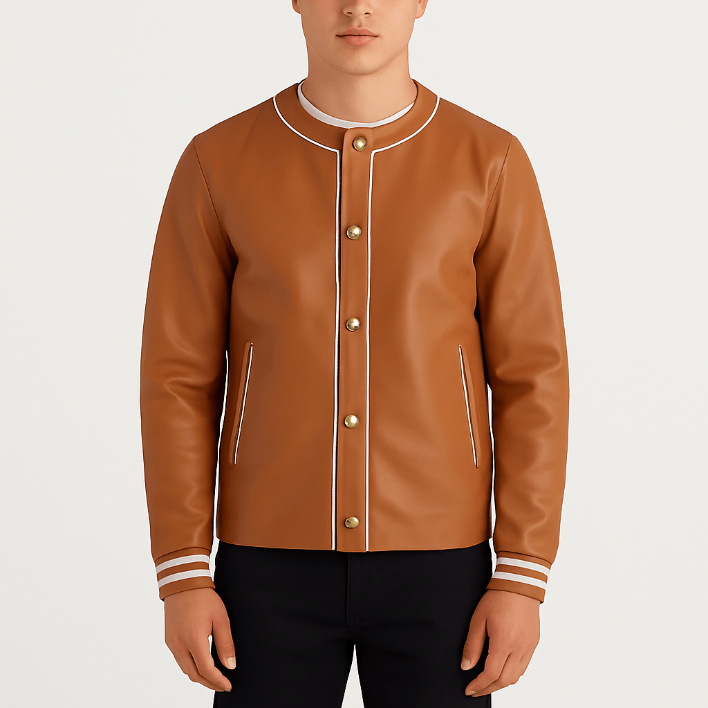 Willis men's tan brown leather varsity jacket front view