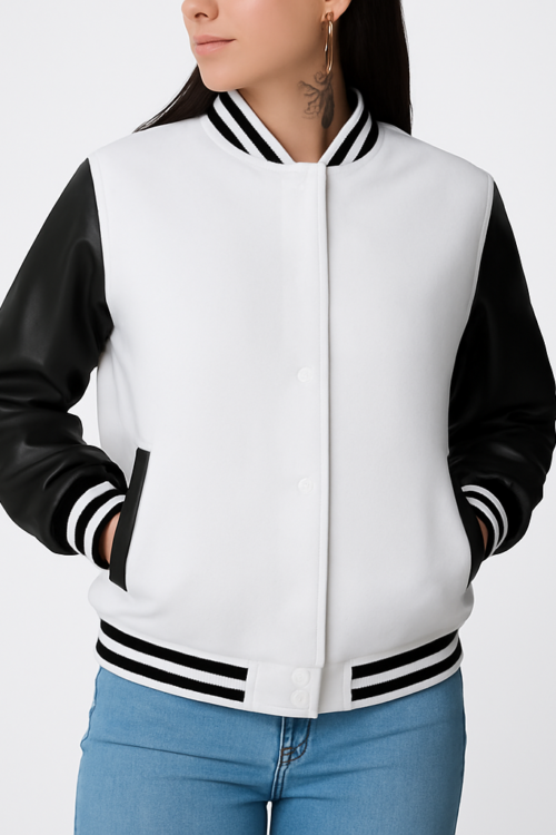 Women’s Black and White Leather Varsity Jacket