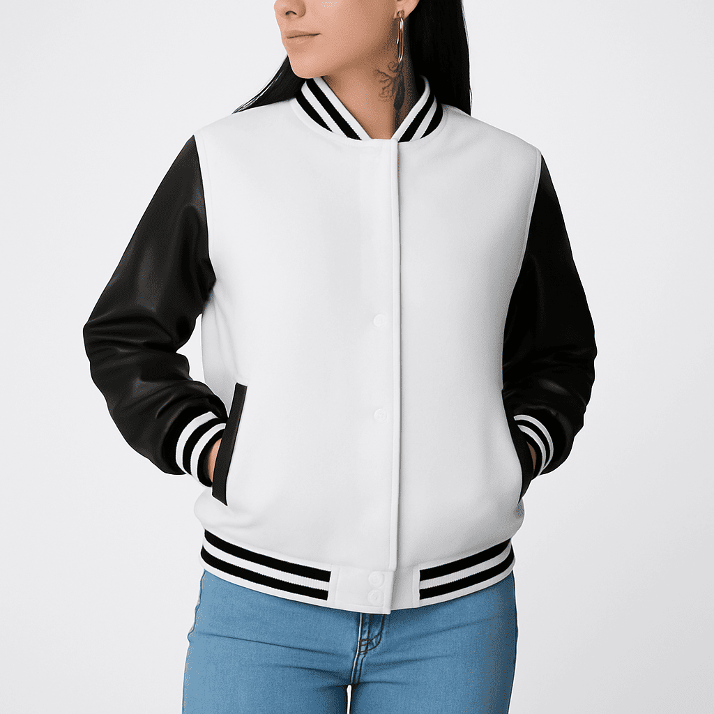 Women's black and white leather varsity jacket