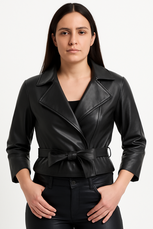 Women’s Black Cropped Biker Genuine Leather Jacket