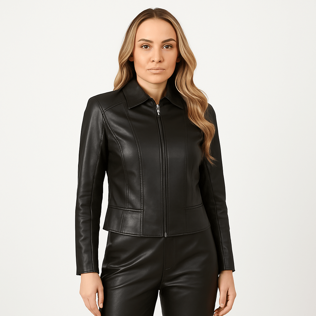 Women's black genuine leather jacket with stand-up collar, front zipper closure, zippered cuffs, and side zippered pockets