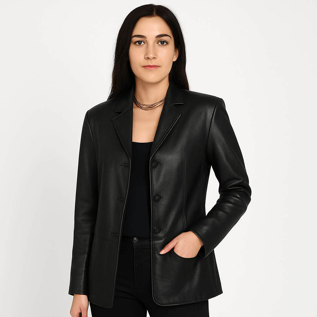 Women's black lambskin leather blazer with lapel collar, front buttoned closure and open hem cuffs